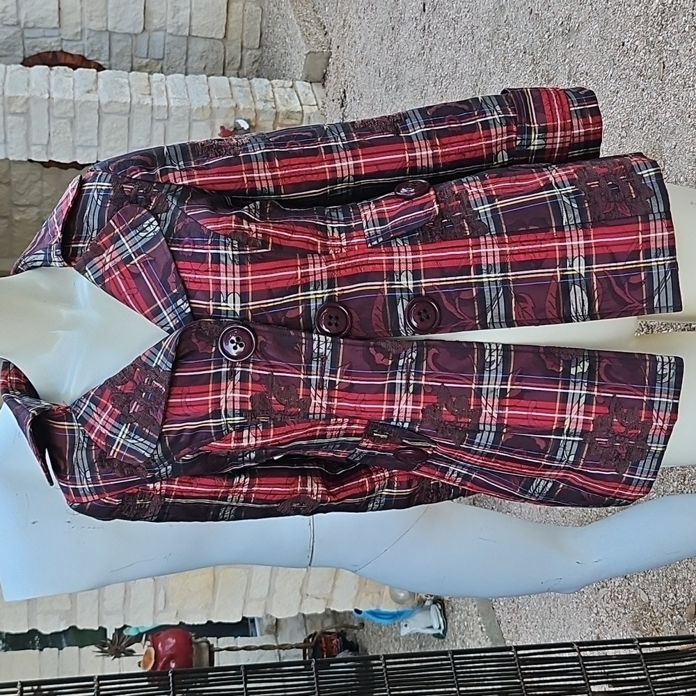 Boho Chic Red Plaid Embroidery Blazer Sport Coat Casual Bohemian USA 6 SM